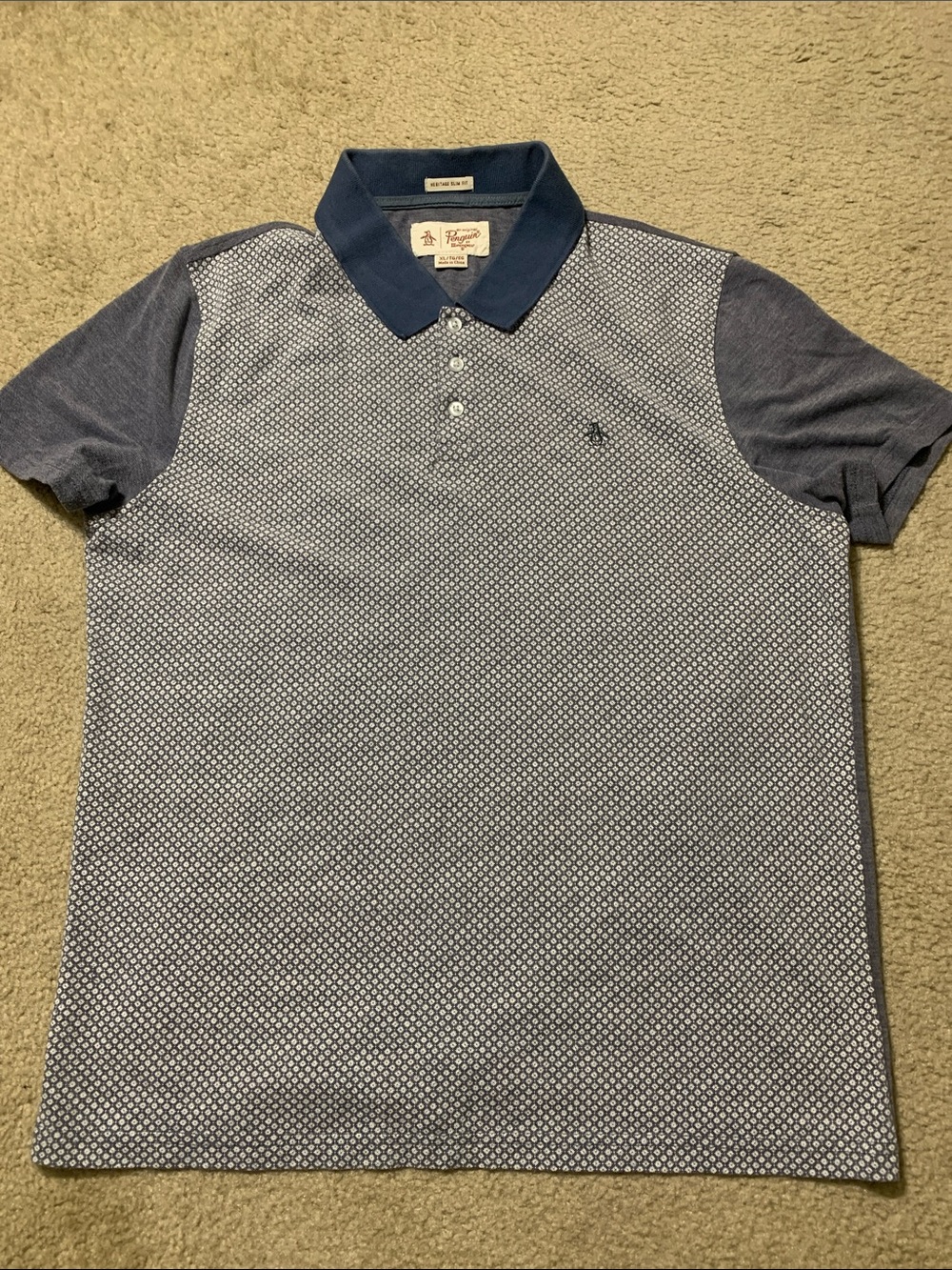 Original Penguin short-sleeve polo in navy and light blue.